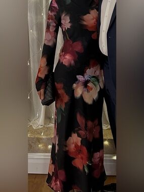 Mango Black Long-Sleeve Maxi Dress with Multicolor Floral Print